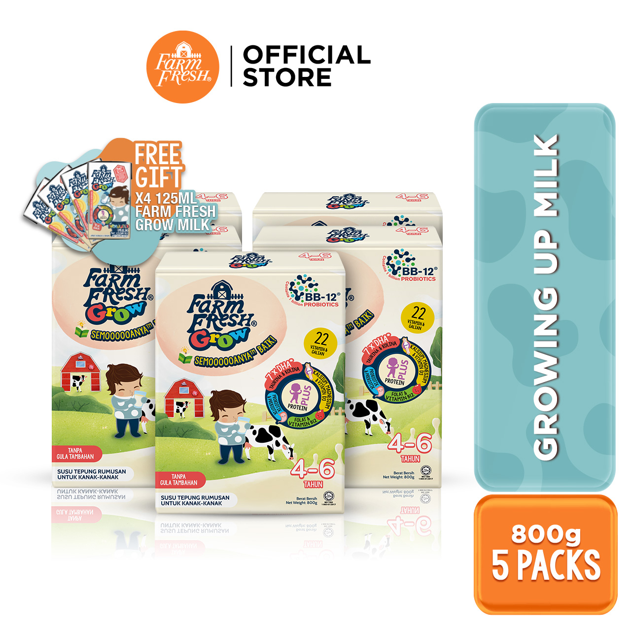 Farm Fresh Grow Powder 4-6 Years Old 800g x 5 Packs + Farm Fresh Grow Formulated Milk 1-6 Years Old 125ml x 4 Packs