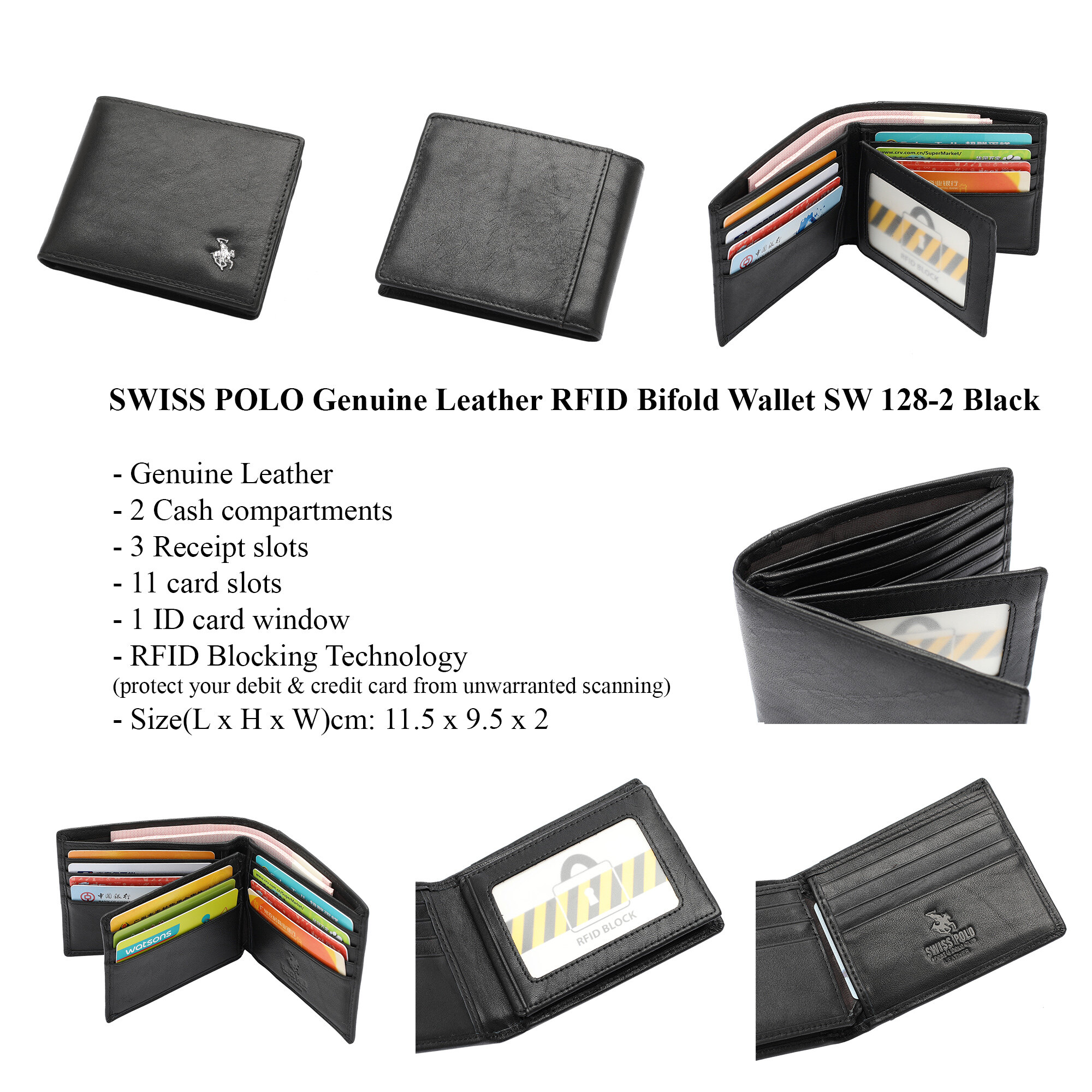 SWISS POLO Genuine Leather RFID Short Wallet SW 128-2 BLACK