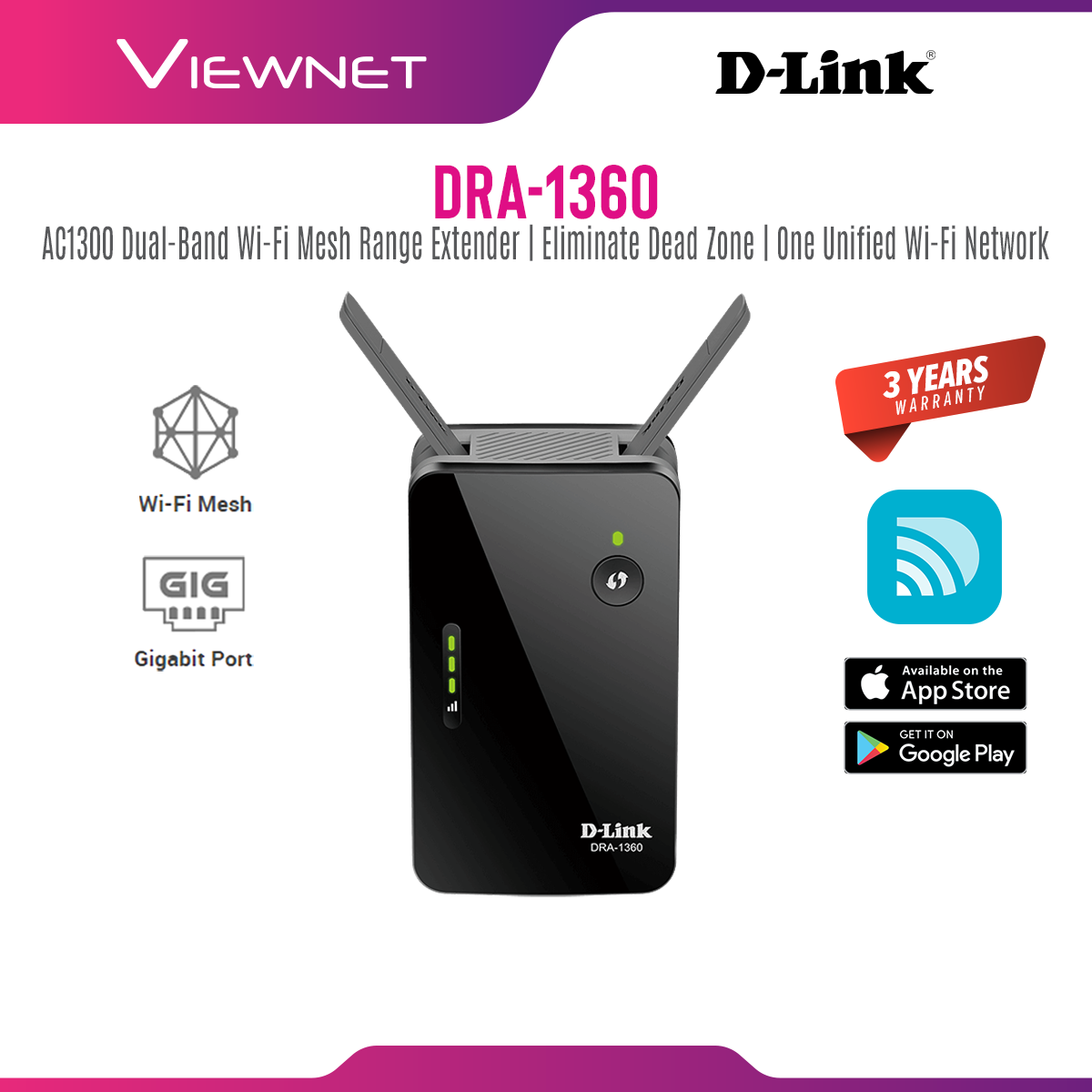 D-Link WiFi Range Extender AC1300 Mesh-Enabled DRA-1360, Gigabit Port, 400Mbps