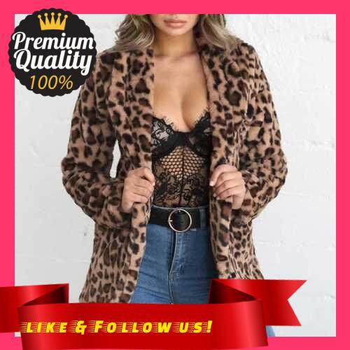 People\'s Choice Women Jacket Faux Fur Shaggy Leopard Print Shawl Neckline Long Sleeve Elegant Warim Outerwear (Brown)