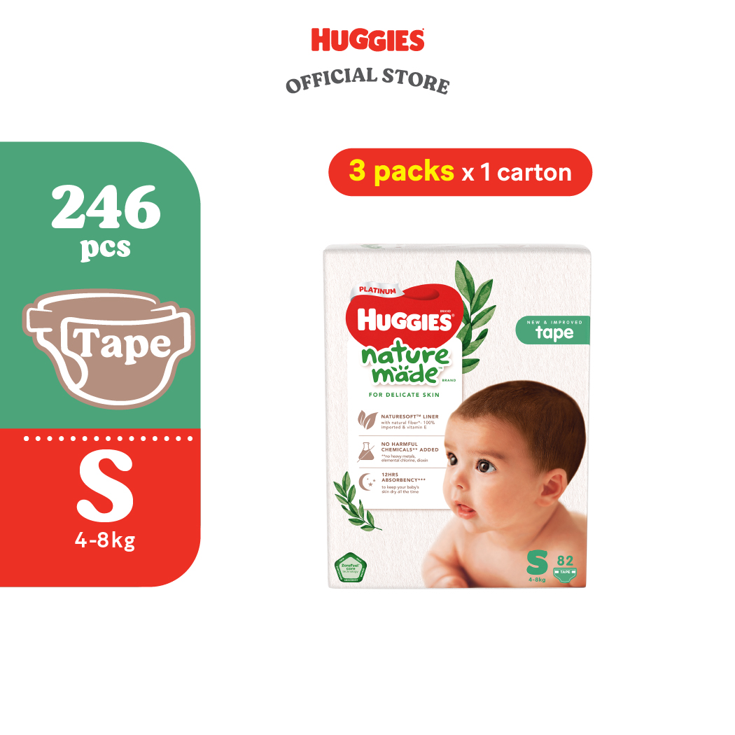 Huggies Naturemade Tape Diapers NB60/S82 (3 Packs) - No harmful chemicals super premium diapers for baby
