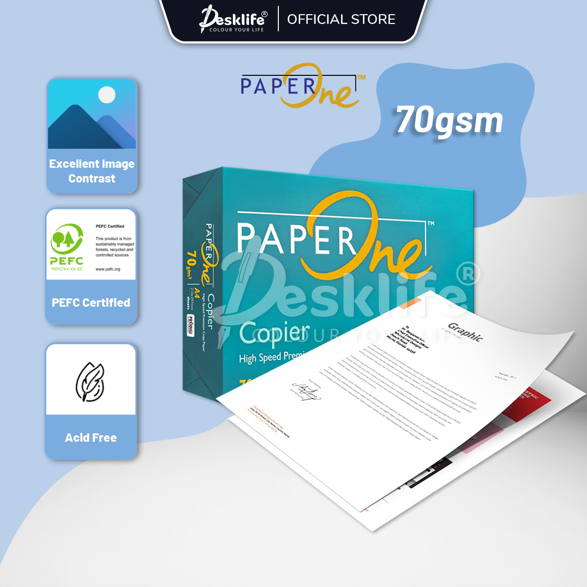Desklife PaperOne A4 Paper 70gsm / 80gsm - (450s / REAM) Kertas A4 White Plain Photostate Paper Kertas Fotostat Paper One