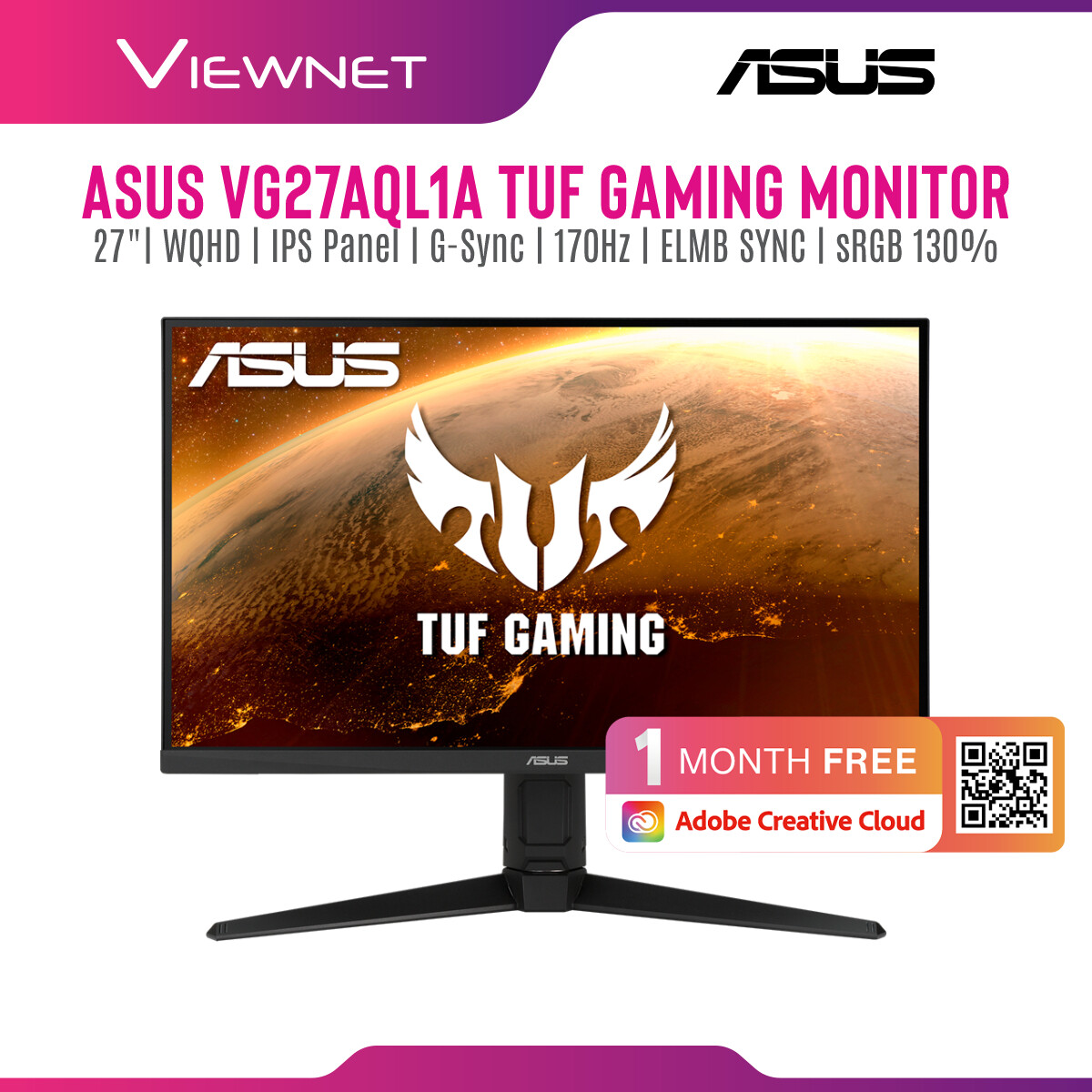 Asus TUF Gaming VG27AQL1A Gaming Monitor â€“27 inch WQHD (2560x1440), IPS,170Hz (above 144Hz), ELMB SYNC, G-Sync compatible, FreeSync Premium, 1ms (MPRT), 130 % sRGB, HDR