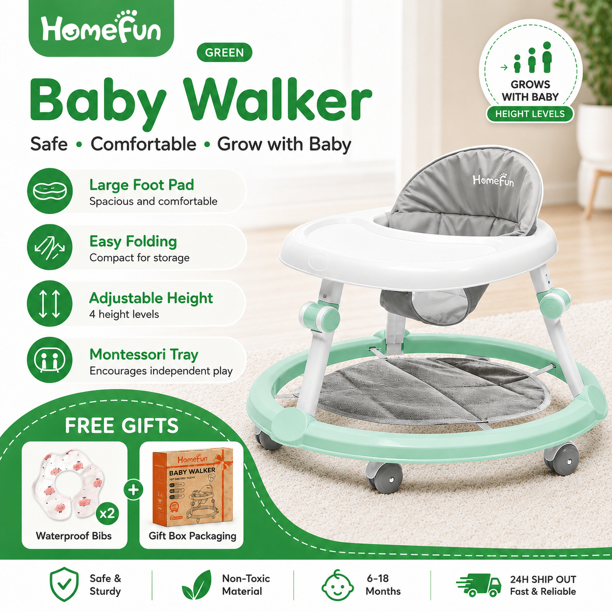 HOMEFUN Walker For Baby Push Walker Baby walker 6 in 1 Multifunctional Foldable Prevent O-leg walker for 6-18 Months Girl and Boy