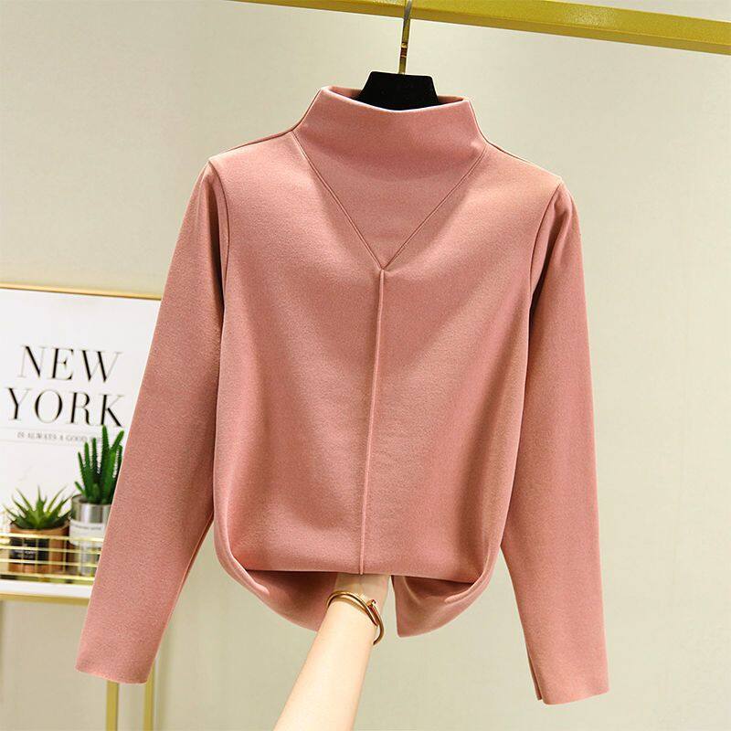 Áo Thun Nửa Cổ Lọ Cho Nữ Áo Lót Tự Sưởi Ấm Bằng Nhung Đức Hai Mặt Dày Dặn Áo Thun Nữ Dáng Ôm