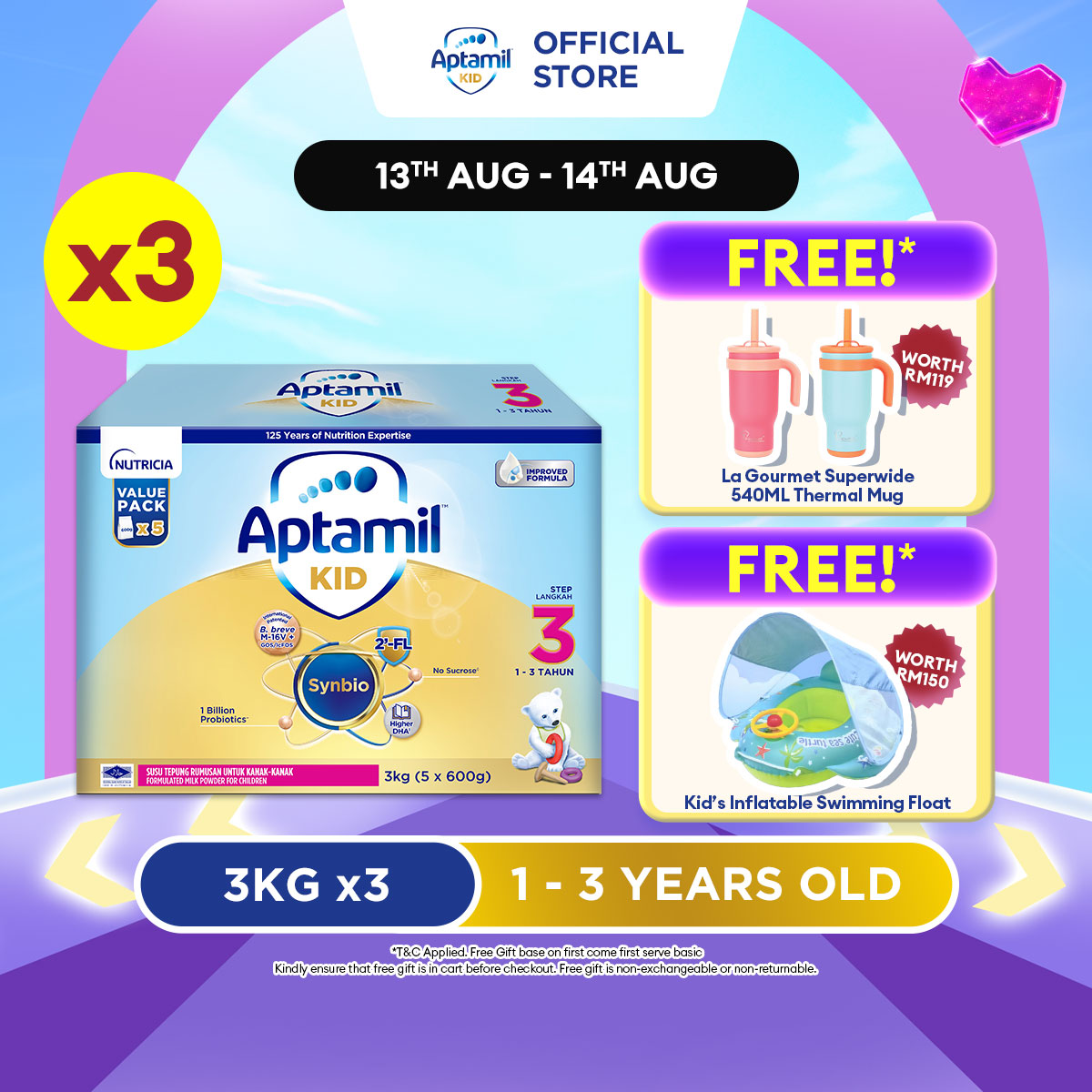 Aptamil KID Step 3 Growing Up Formula 1 - 3 years 3KG X 3 (Susu Milk Powder 奶粉)