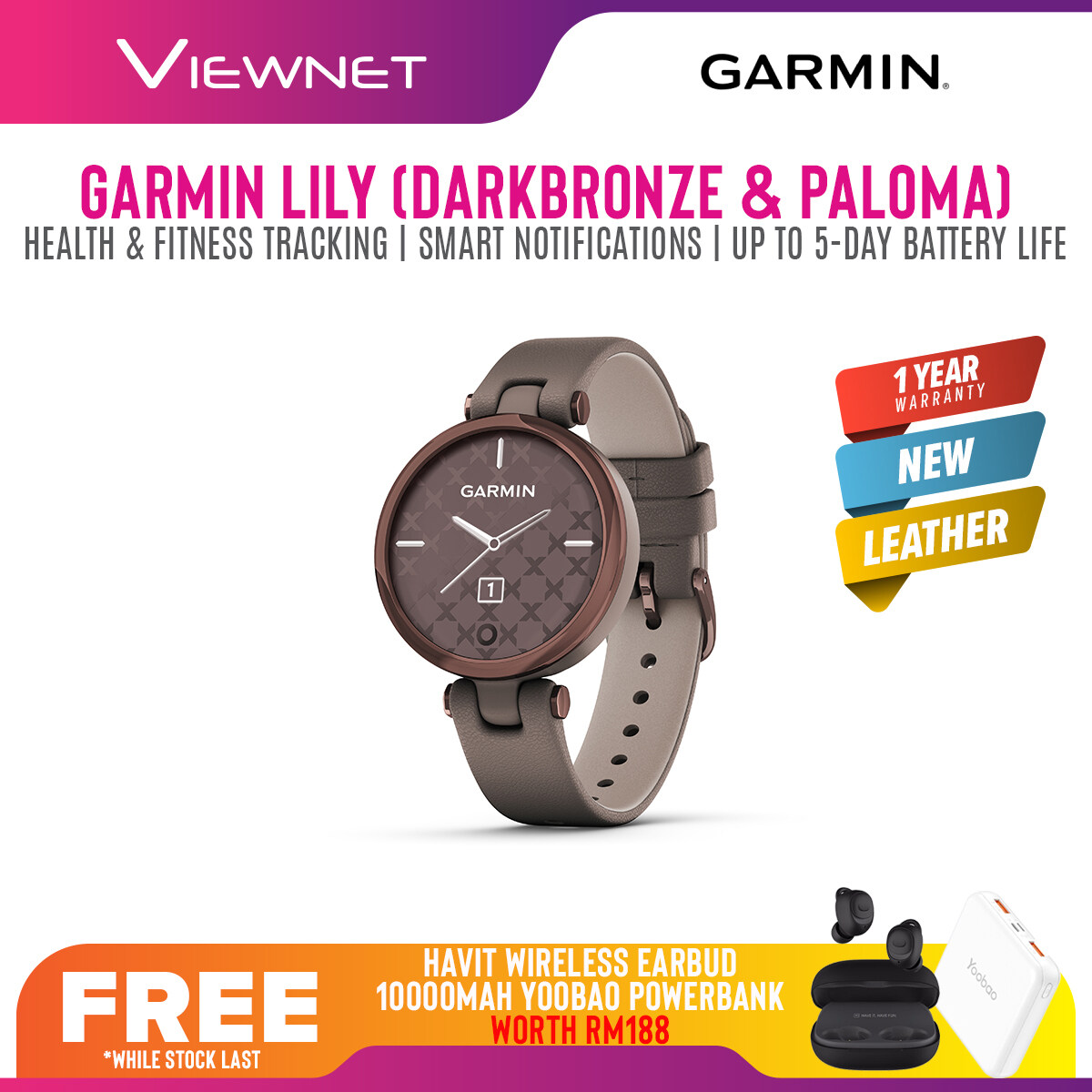 [NEW] Garmin Lily Smart Watch (Leather) - Stylish Patterned Lens, Smart Touchscreen, Small and Fashionable smartwatch