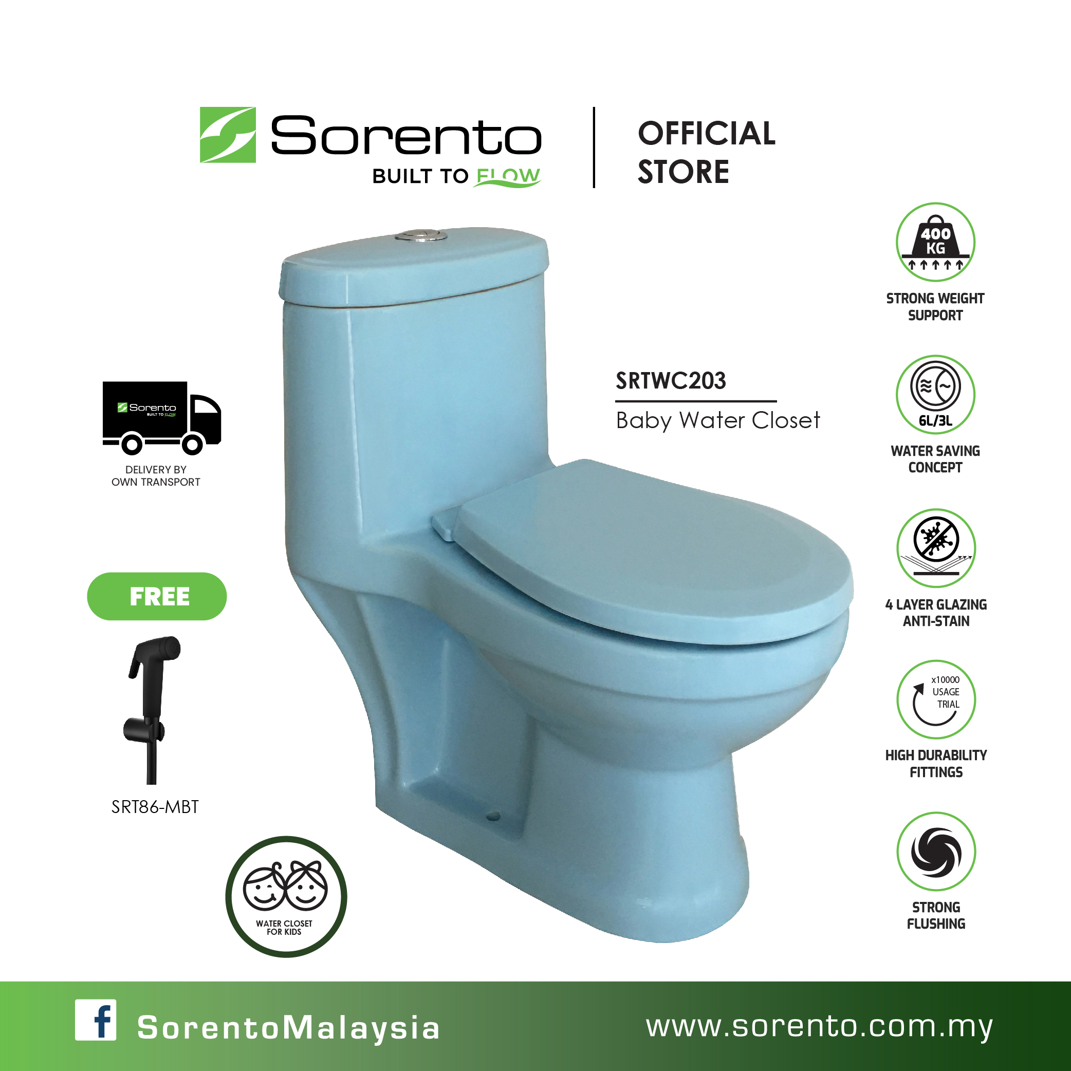 SORENTO Baby WC SRTWC203 One Piece design Water Closet Toilet Bowl For Kids (1 Pc/S Trap 200mm) Jamban Tandas untuk anak