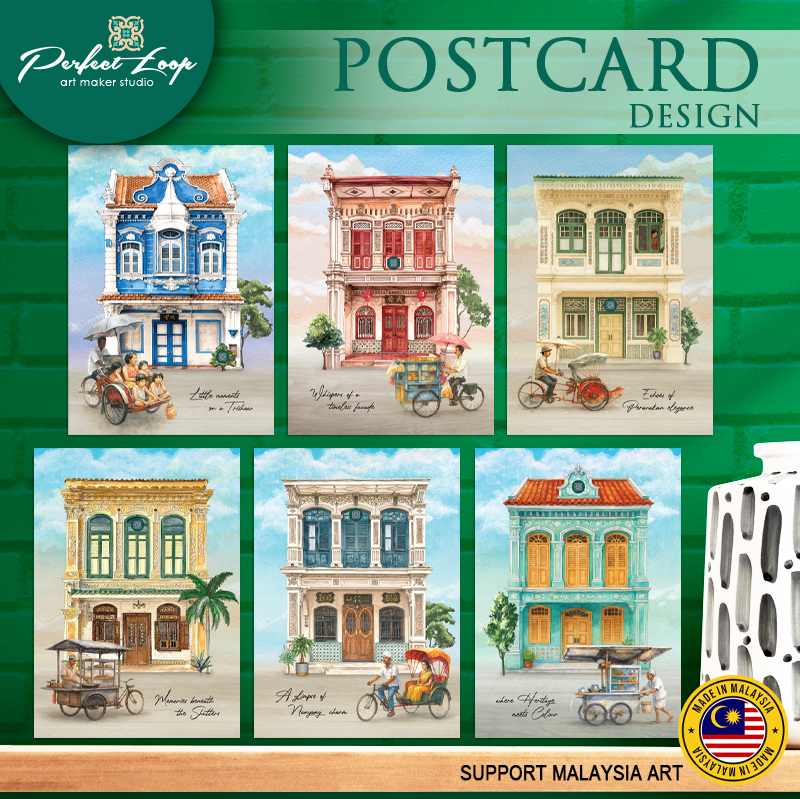Postcard Design Asian Vintage Shophouse Building WaterColor Drawing Concept (BUY 10 FREE 1)