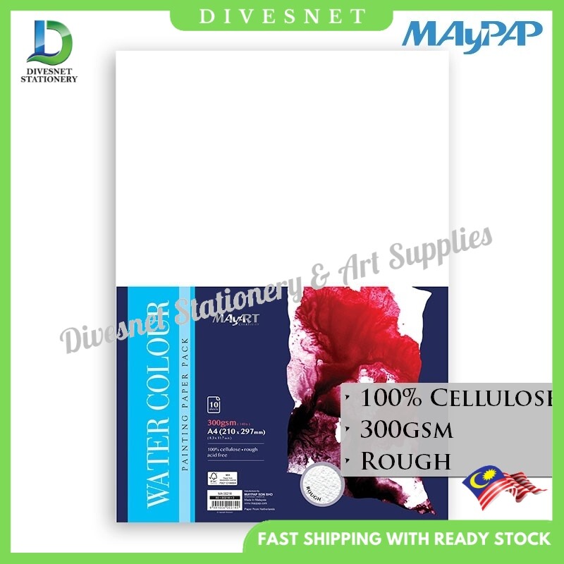 MayArt 10s 300gsm Watercolour Paper Pack 100% Cellulose (Rough) A3 (MA00217) / A4 (MA00218)