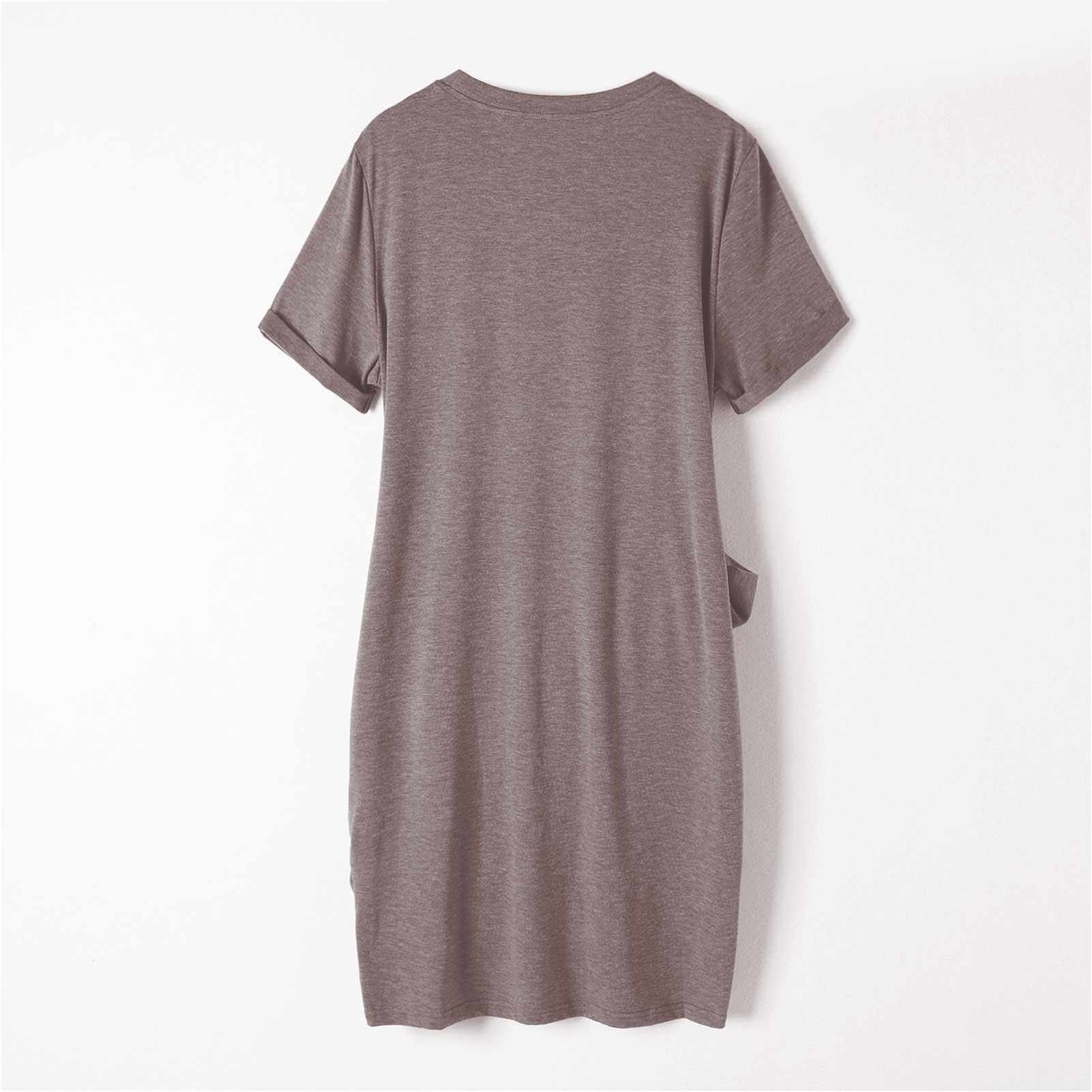 People's Choice Women Mini Dress Sashes Waist Short Sleeve O-Neck Solid Slim Casual T-Shirt Dress (Khaki)