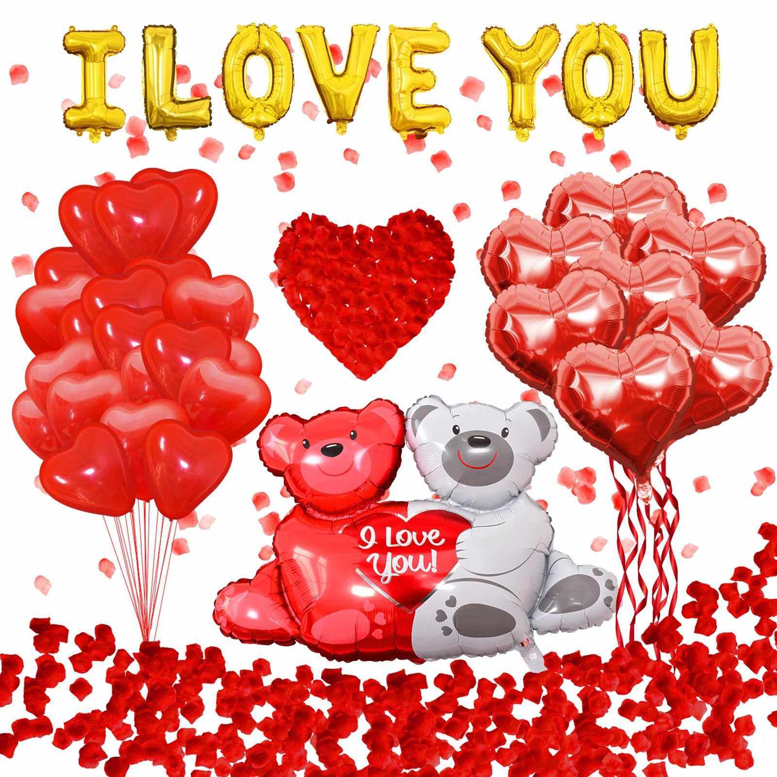 People's Choice Valentines Day Latex Balloons ''I Love You'' Balloons and Heart Balloons Kit with 1000 Pcs Red Silk Rose Petals, Wedding Flower Decoration Bear Foil Balloons for Valentine Day Party Decorations (Standard)