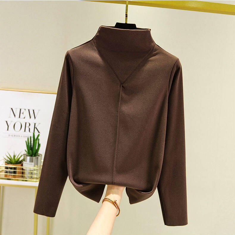 Áo Thun Nửa Cổ Lọ Cho Nữ Áo Lót Tự Sưởi Ấm Bằng Nhung Đức Hai Mặt Dày Dặn Áo Thun Nữ Dáng Ôm