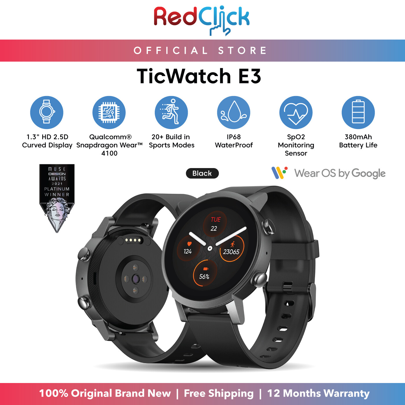 Mobvoi TicWatch E3 1.3" HD Curved Display Built In Sport Modes IP68 Waterproof Compatible with Mobvoi App