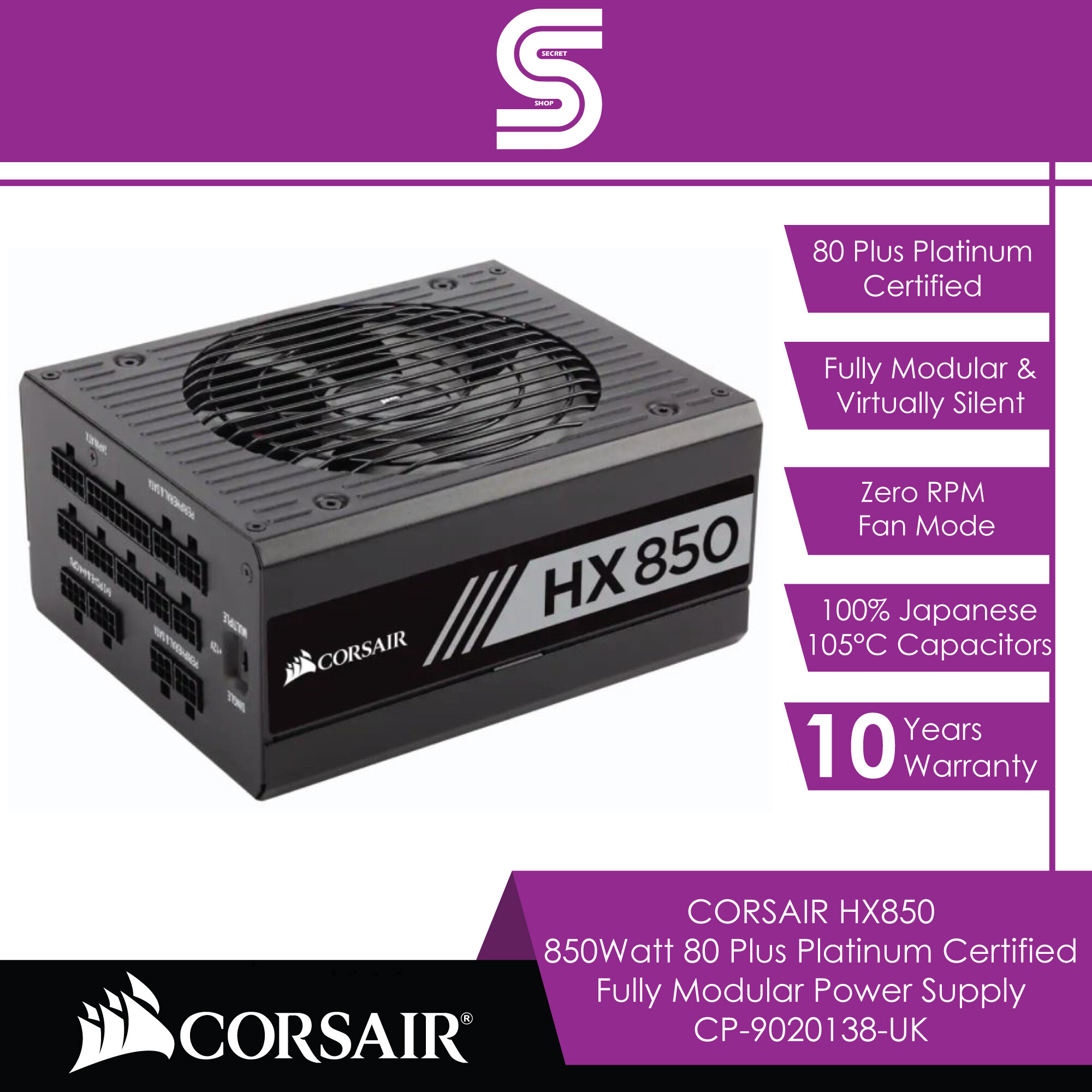 CORSAIR HX850 850Watt 80 Plus Platinum Certified Fully Modular Power Supply - CP-9020138-UK