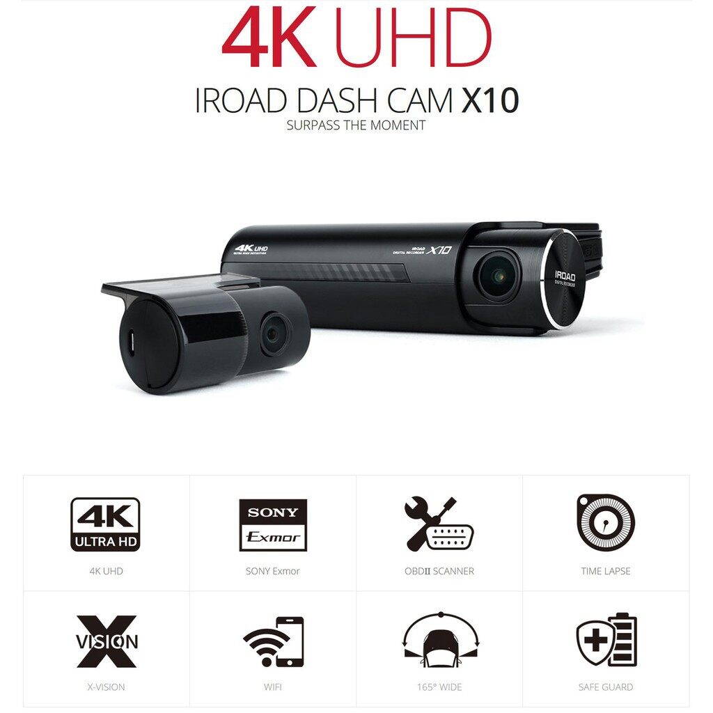 IROAD X10 64GB Front & Rear 4K UHD Dashcam Car Recorder Night Vision ADAS WI-FI Connection with Apps