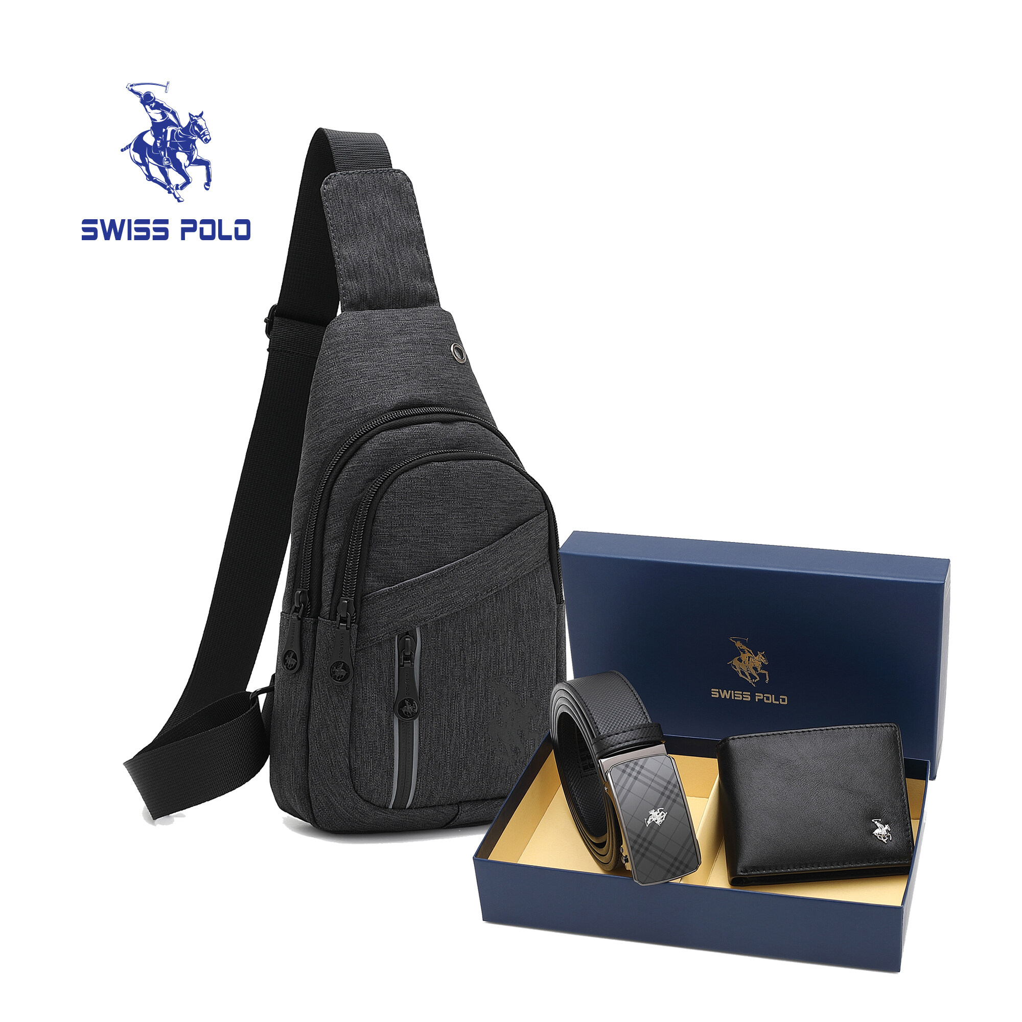 SWISS POLO Gift Set/ Box Wallet With Belt SGS 568-7 BLUE/GREY