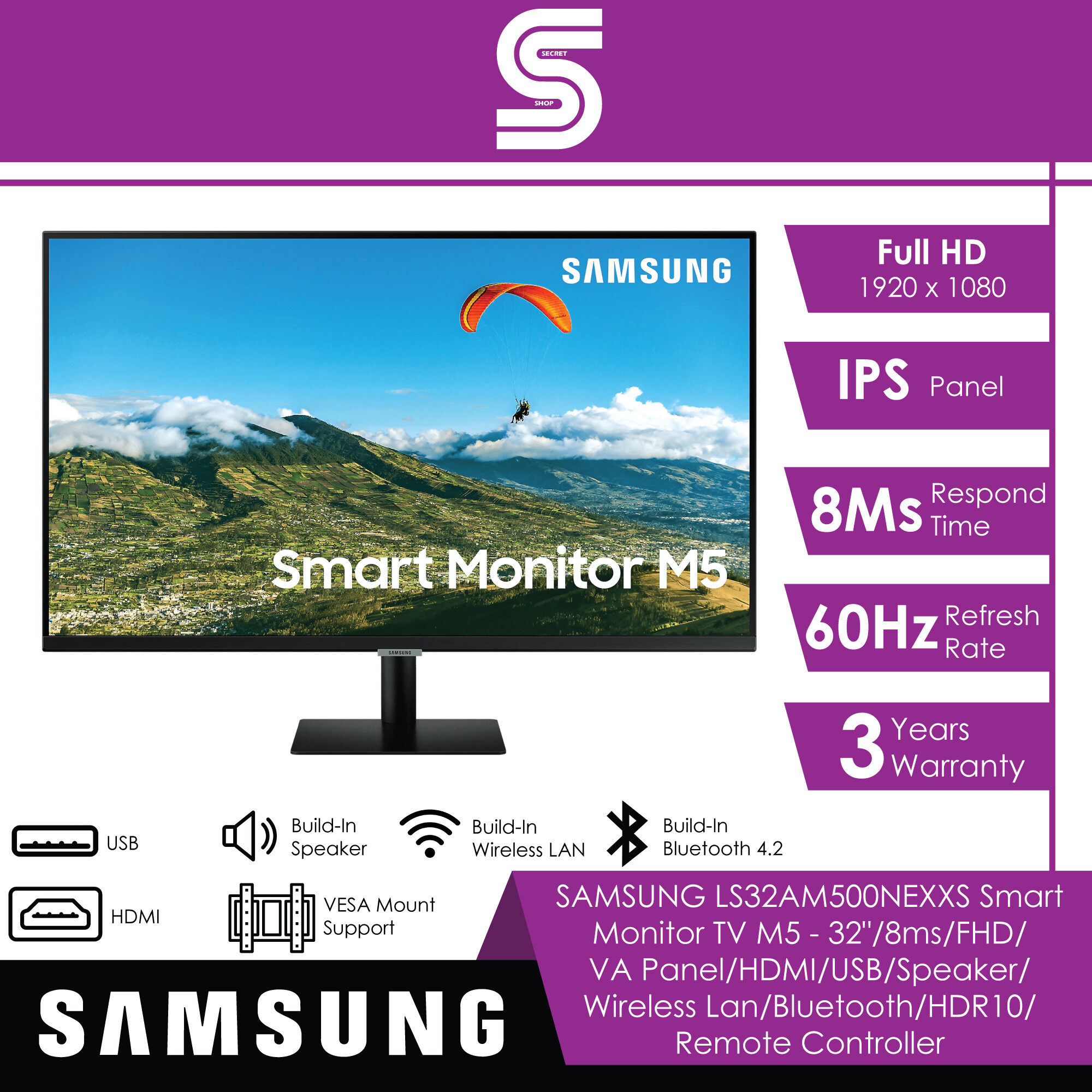 SAMSUNG LS32AM500NEXXS Smart Monitor TV M5 - 32"/8ms/FHD/VA Panel/HDMI/USB/Speaker/Wireless Lan/Bluetooth/HDR10/Remote Controller