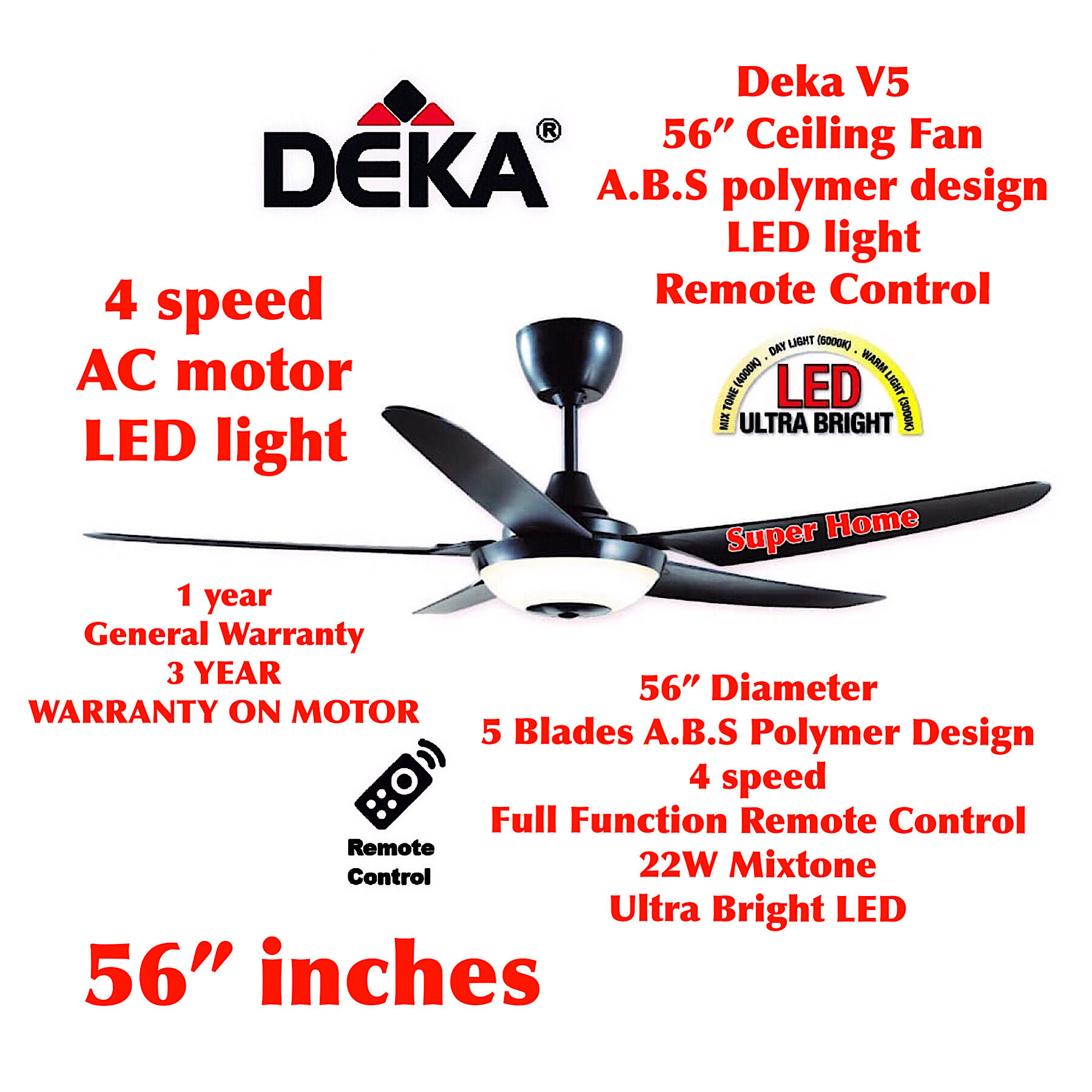 Deka D10L (Matt Black) 52 inch 5 Blades A.B.S Polymer Design Remote Control Ceiling Fan with LED Light (Ultra Bright) - 4 Speed - Black