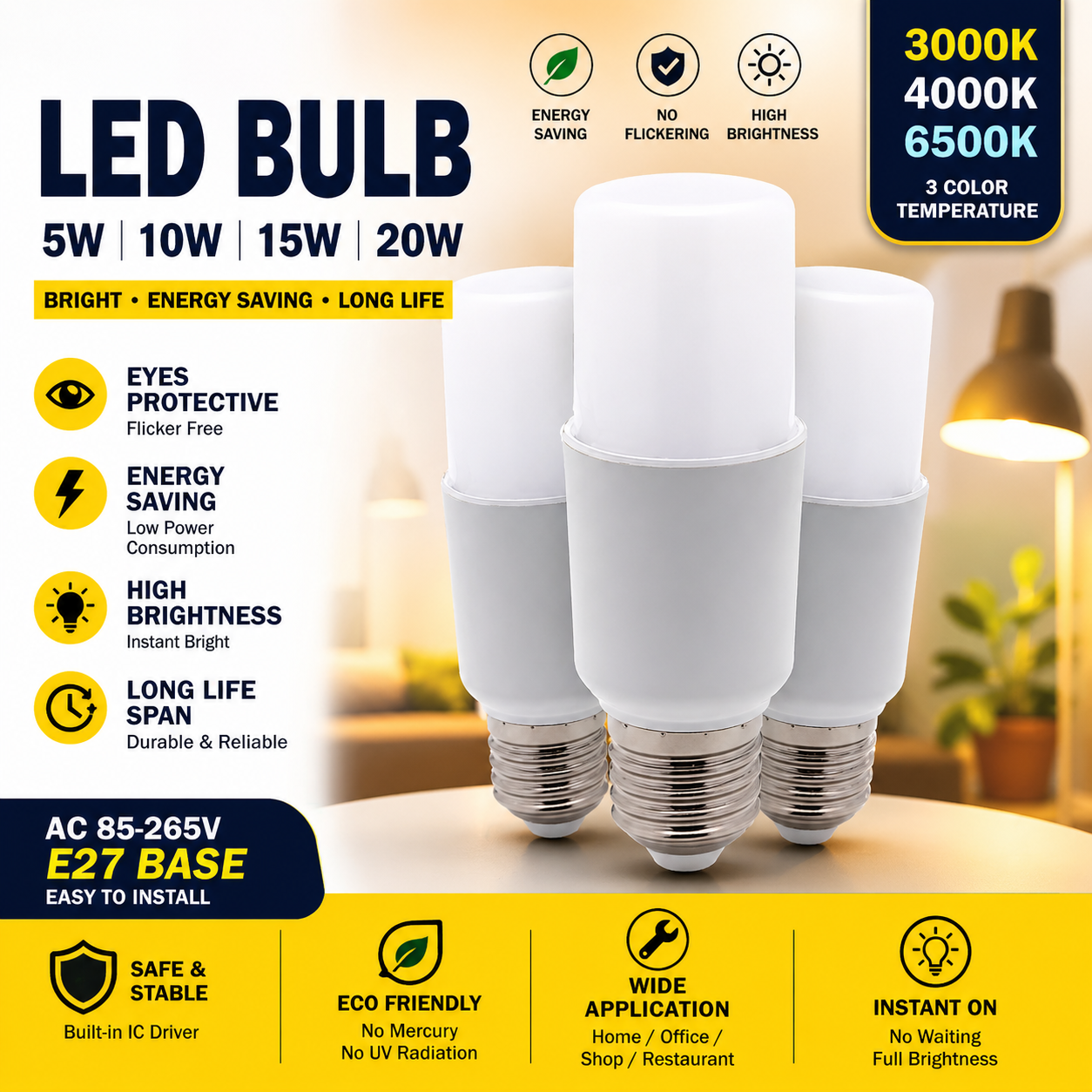 5W/10W/15W/20W LED Stick Bulb E27 Cool White Lamp 6500K Energy Saving Cylindrical Bulb Light Household Office Essential Lighting Energy Saving Light mentol led rumah