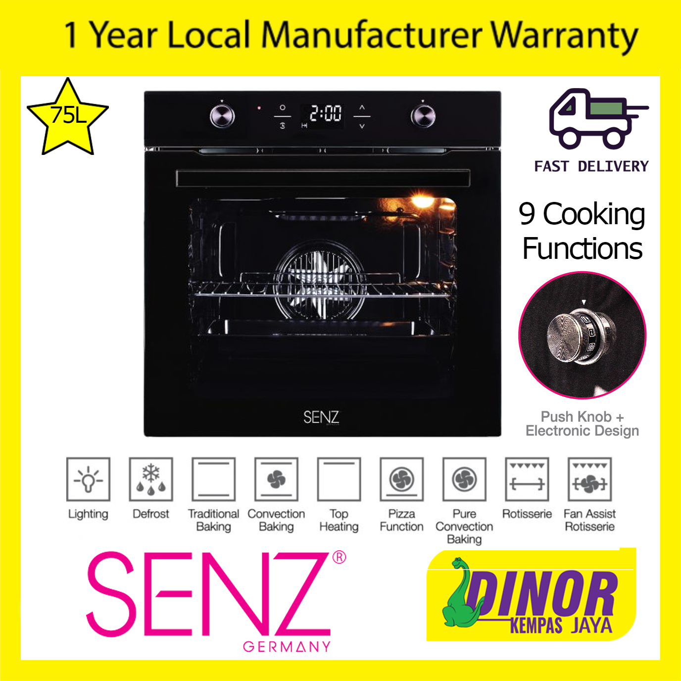 SENZ 75L Push Knob Digital Multi Oven Build In Oven SZ-OV759-9F  9 Cooking Functions Triple Glazed Removable Tempered Glass