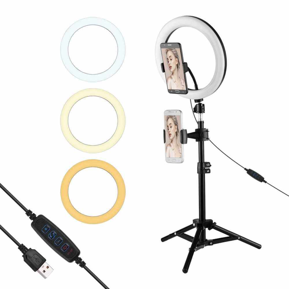 10 Inch Metal LED Ring Light 3 Lighting Modes 10 Levels Brightness USB Powered with 50cm Light Stand + Ballhead Adapter + 2pcs Flexible Phone Holder for Live Streaming Video Recording Network Broadcast Selfie Makeup (Black)