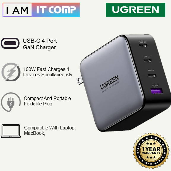 UGREEN 4 Port USB-C PD 100W GaN Tech Fast Charger / Power Delivery 3.0 / 50/60Hz / High Energy Effic