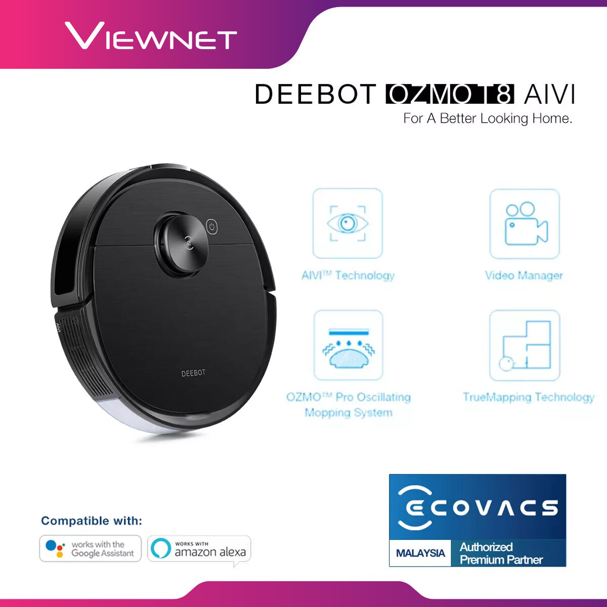 ECOVACS DEEBOT OZMO T8AIVI Robot Vacuum Cleaner withã€Upgraded AIVItm Technology&OZMO Pro Oscillating Moppingã€‘ Powered Electrical 480times/min, Intelligent Robotic Vacuum and Portable Cordless Handheld Vacuum[Local Shipping&I Year Waranty]