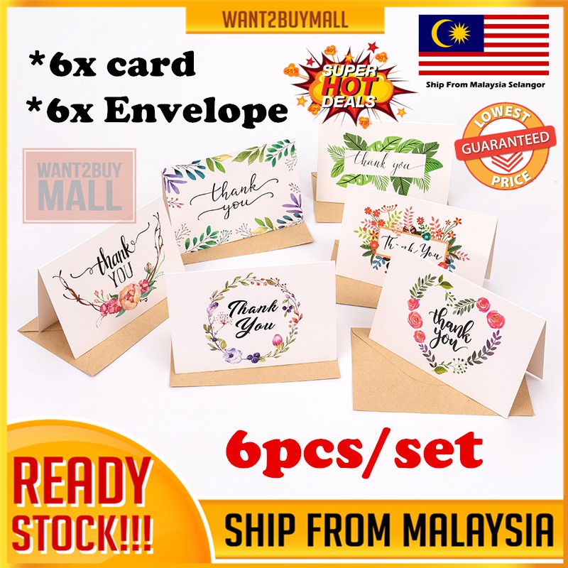 6pcs/set Thank You Greeting Wedding Happy Birthday Fathers Mothers Day Wish Card With Envelope Kad Ucapan Terima Kasih