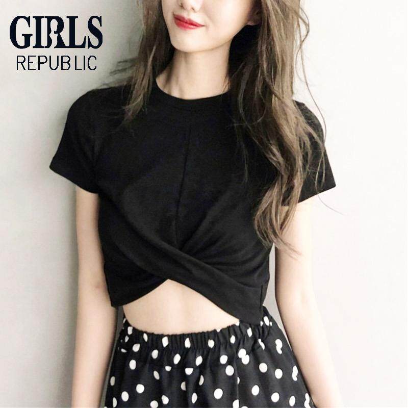 Girls Republic lowest price black umbilical cross leak navel shirt high waist short sleeve tight t-shirt female ultra short