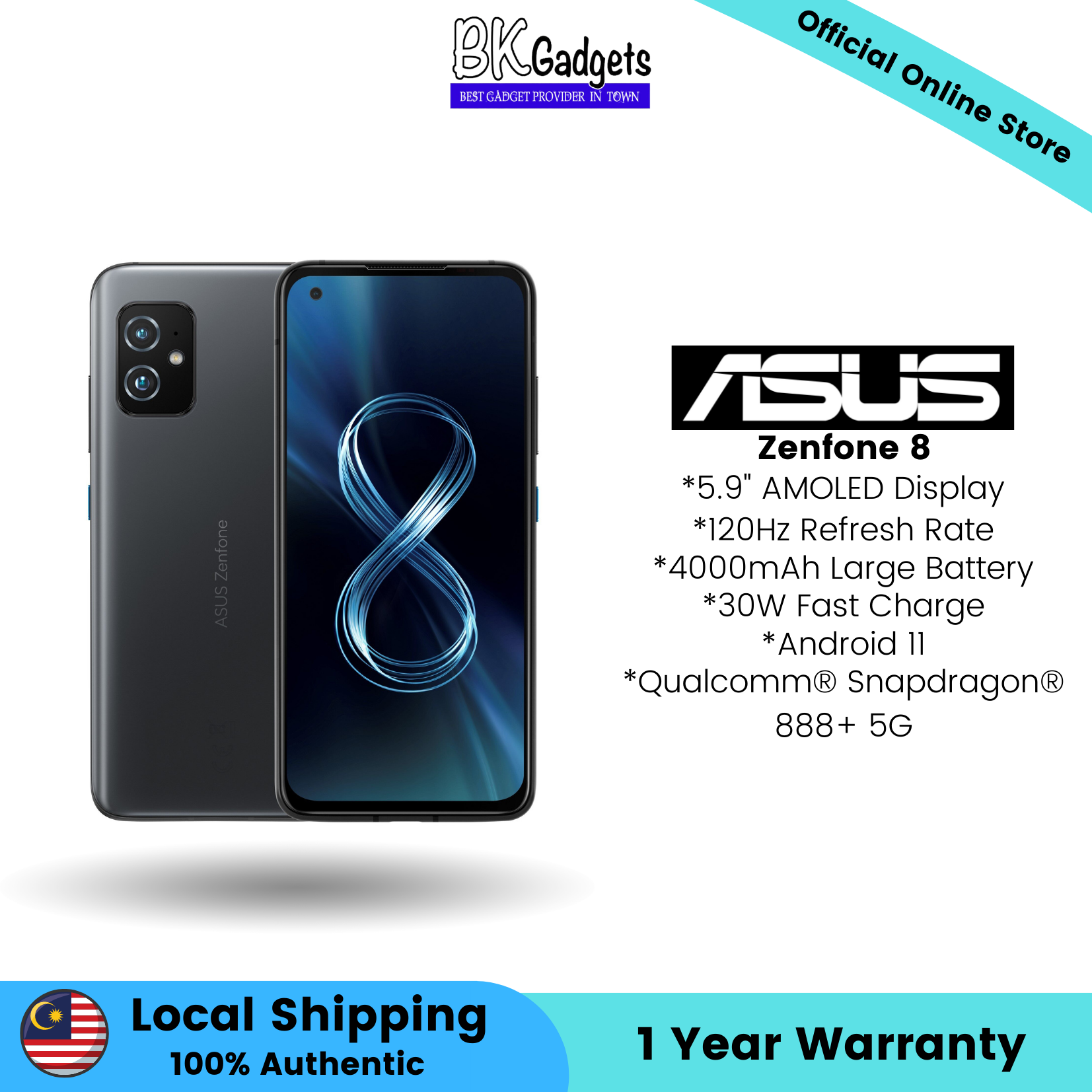 Asus Zenfone 8 - 5.9” AMOLED Display  4000mAh Large Battery  30W Fast Charge
