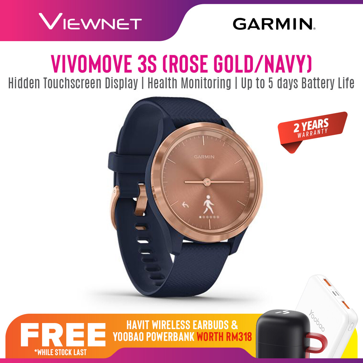 Garmin Vivomove 3 / Vivomove 3S Smart Watch Hybrid Smartwatch with Hidden Touchscreen Display