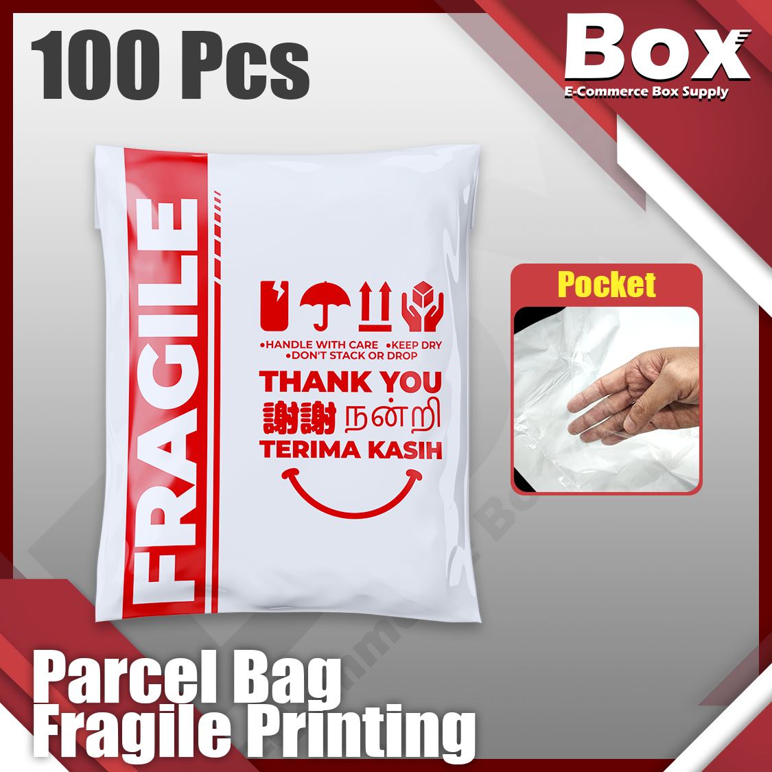 Beg Kurier [ Courier Bag Parcel Bag Printing Fragile ] 100pc with Pocket Plastik Kurier Beg Rapuh