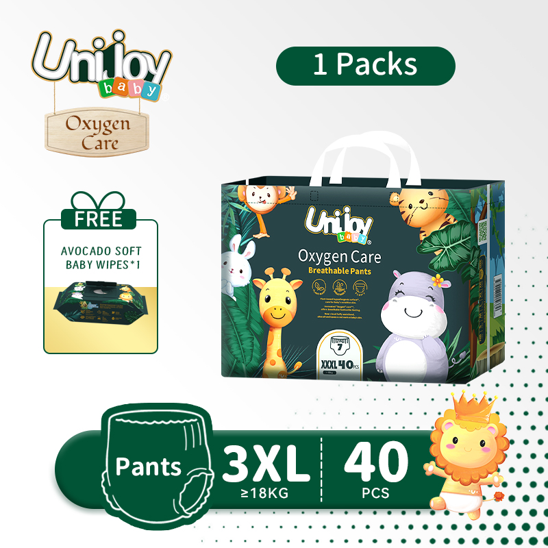Unijoy Oxygen Care Diapers Pants Upgrade Large Bag Baby Diaper (Size：XXXL) FREEx1 Baby Wipes (80Pcs/1Bag) - Superior Absorbency Ultra Soft
