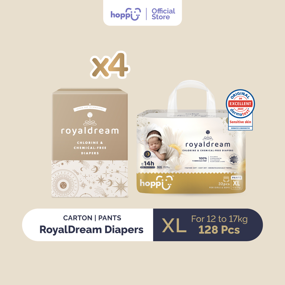 [Carton] Hoppi RoyalDream Baby Diaper Pants M42/L38/XL32/XXL28 (4 Pack) 100% 7 Chemicals-Free*