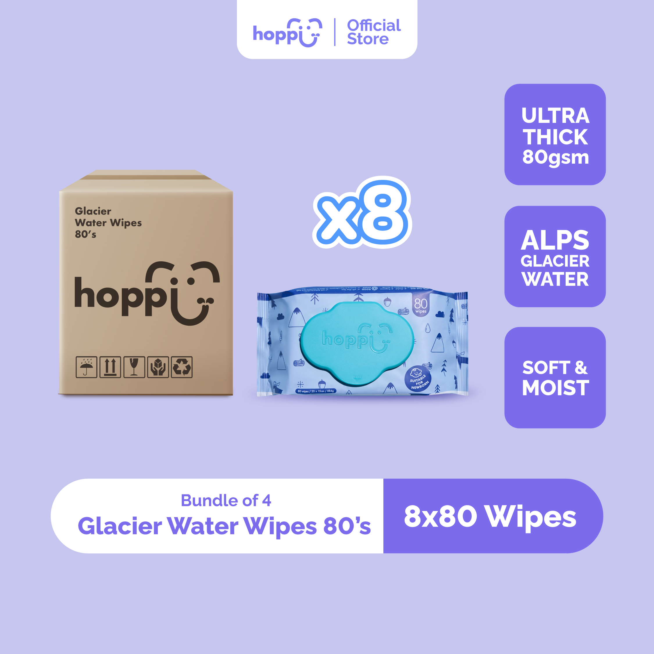 [Carton] Hoppi Premium Glacier Water Baby Wipes (80 Wipes x 8 Packs)