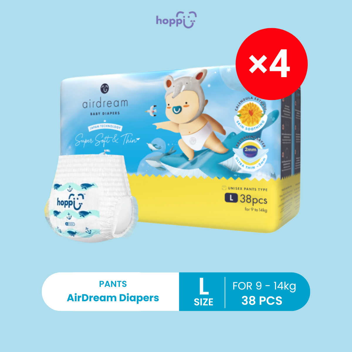 [Carton] HOPPI Airdream Diapers - Pants × 4 (M44s / L38s / XL32s / XXL28s)