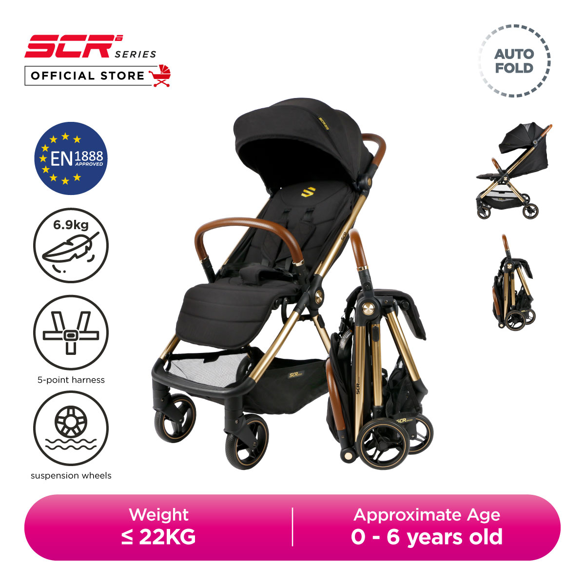 Sweet Cherry SCR Series Auto-Fold SCR25 Stroller Gold/ Rose Gold Designed for Both Comfort and Luxury (S630)