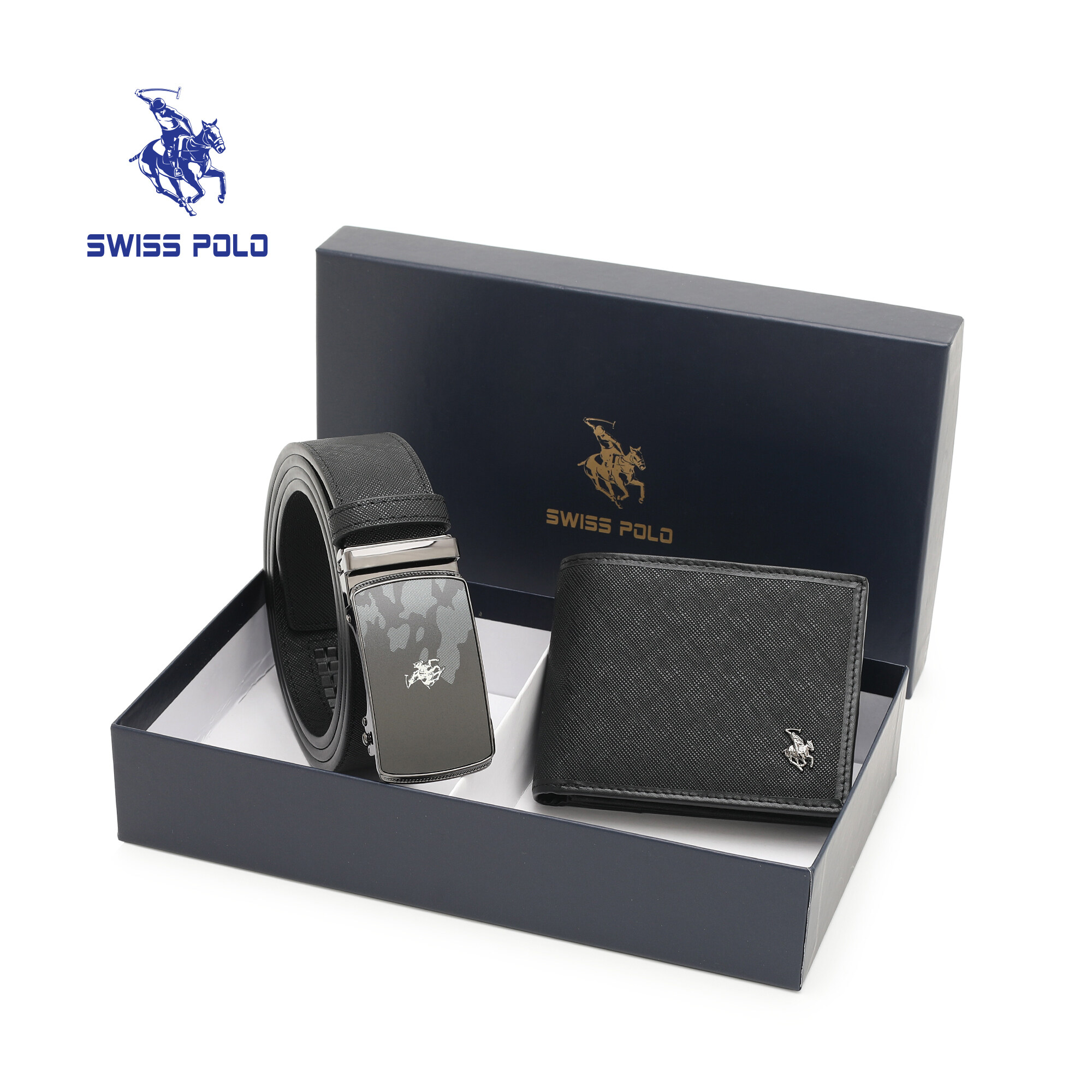 SWISS POLO Gift Set/ Box RFID Bifold Wallet With Belt SGS 560-1 BLACK
