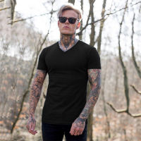 Sports V Neck Short Sleeve T Shirt Men Fitness Slim Fit Solid Fashion T-shirt Fashion Tees Tops Summer Cotton Gym Clothing
