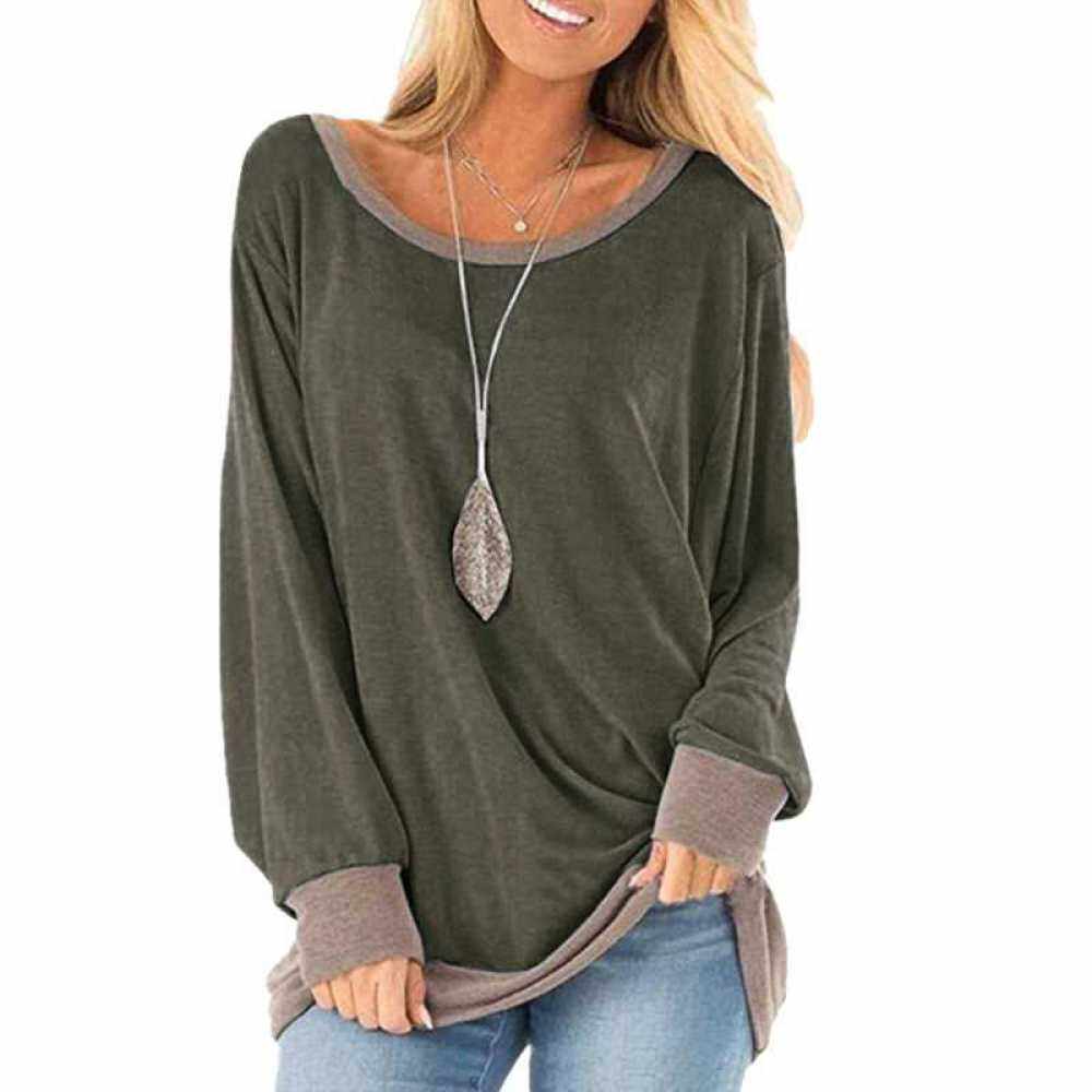 Women T-shirt Color Block Splicing Drop Shoulder Round Neck Long Sleeve Loose Casual Street Wear (Army Green)
