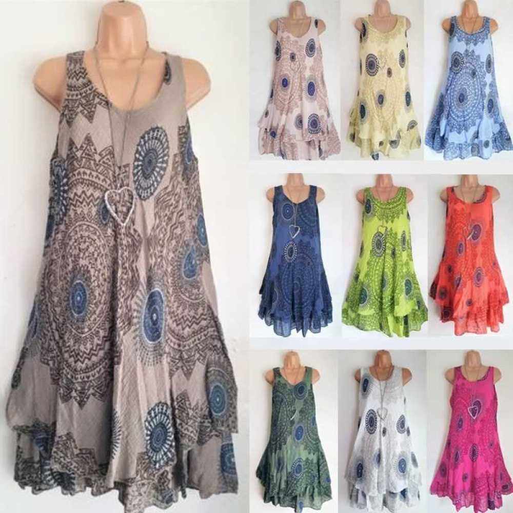 Vintage Women Sleeveless Mini Dress Bohemian Print Loose Ruched Boho Vest Tank Dress Beach Sundress (Blue)