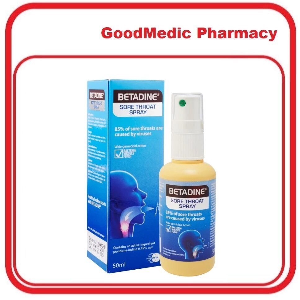 BETADINE Sore Throat Spray (50ml) Povidone Iodine Throat Spray Kills 99