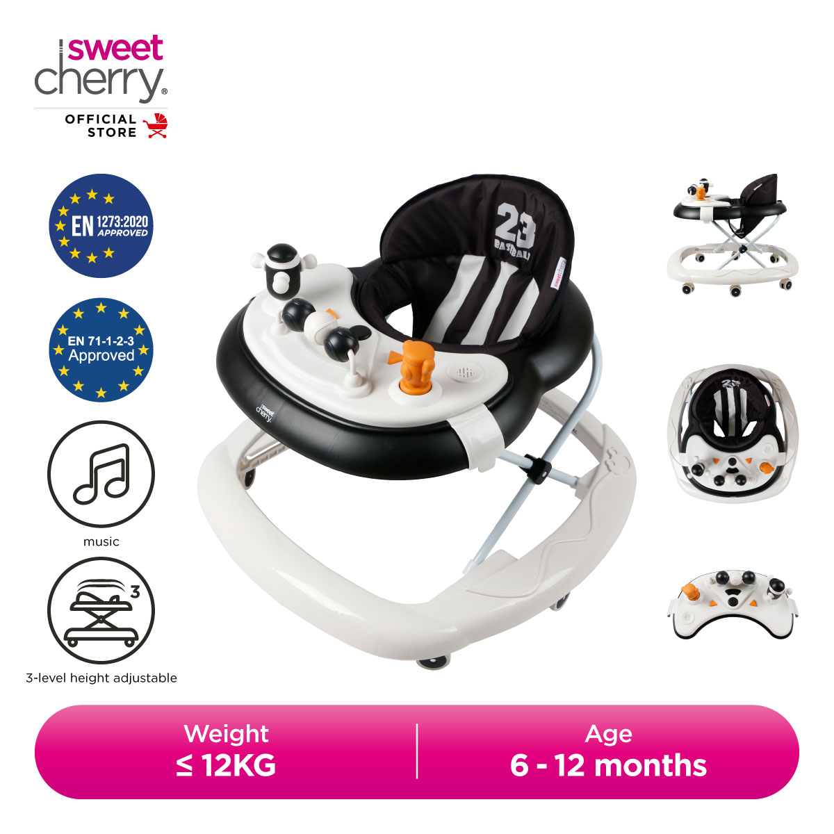 Sweet Cherry Baby Walker Adjustable Height With Music Light and Squeaky Toy WE-01 Sporty Walker