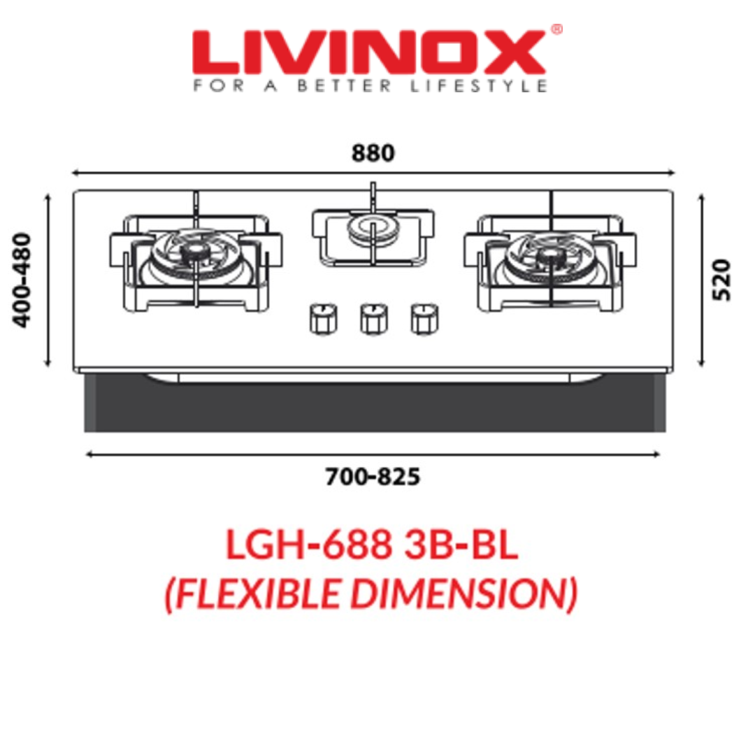 Livinox Built-in Gas Hob 3 Burner (Flexi Hob) LGH-688 3B-BL - Livinox Warranty Malaysia