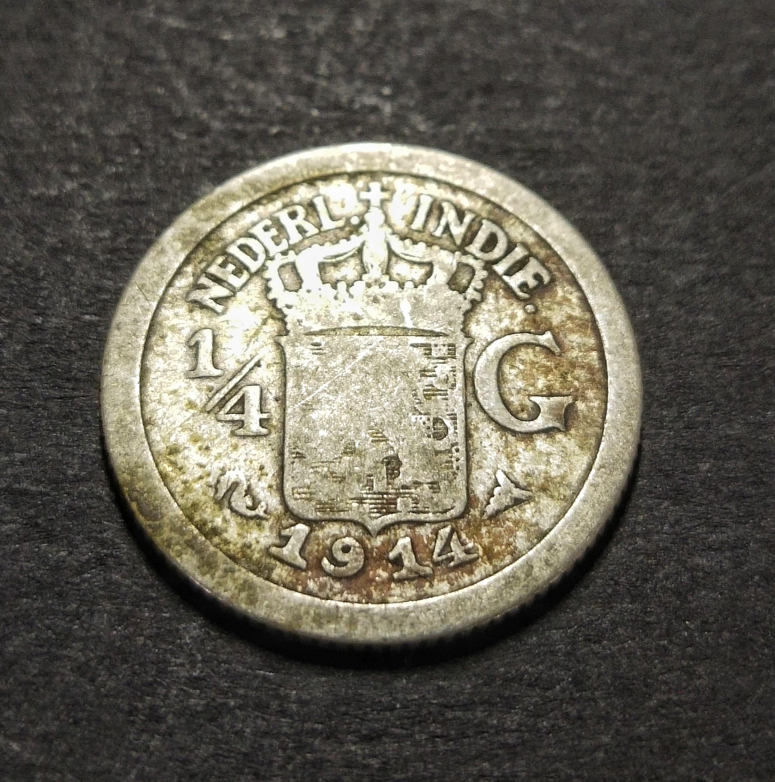 Netherlands East Indies Old Silver Coin 1/4 Gulden Year 1914