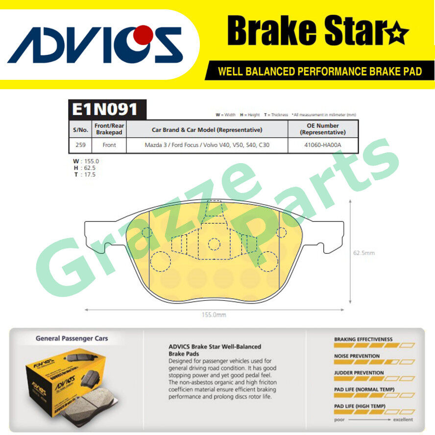 Advics Aisin Brake Star Disc Brake Pad Front E1N091TE for Ford Focus Focus Mazda 3 5 Volvo C30 C70 S