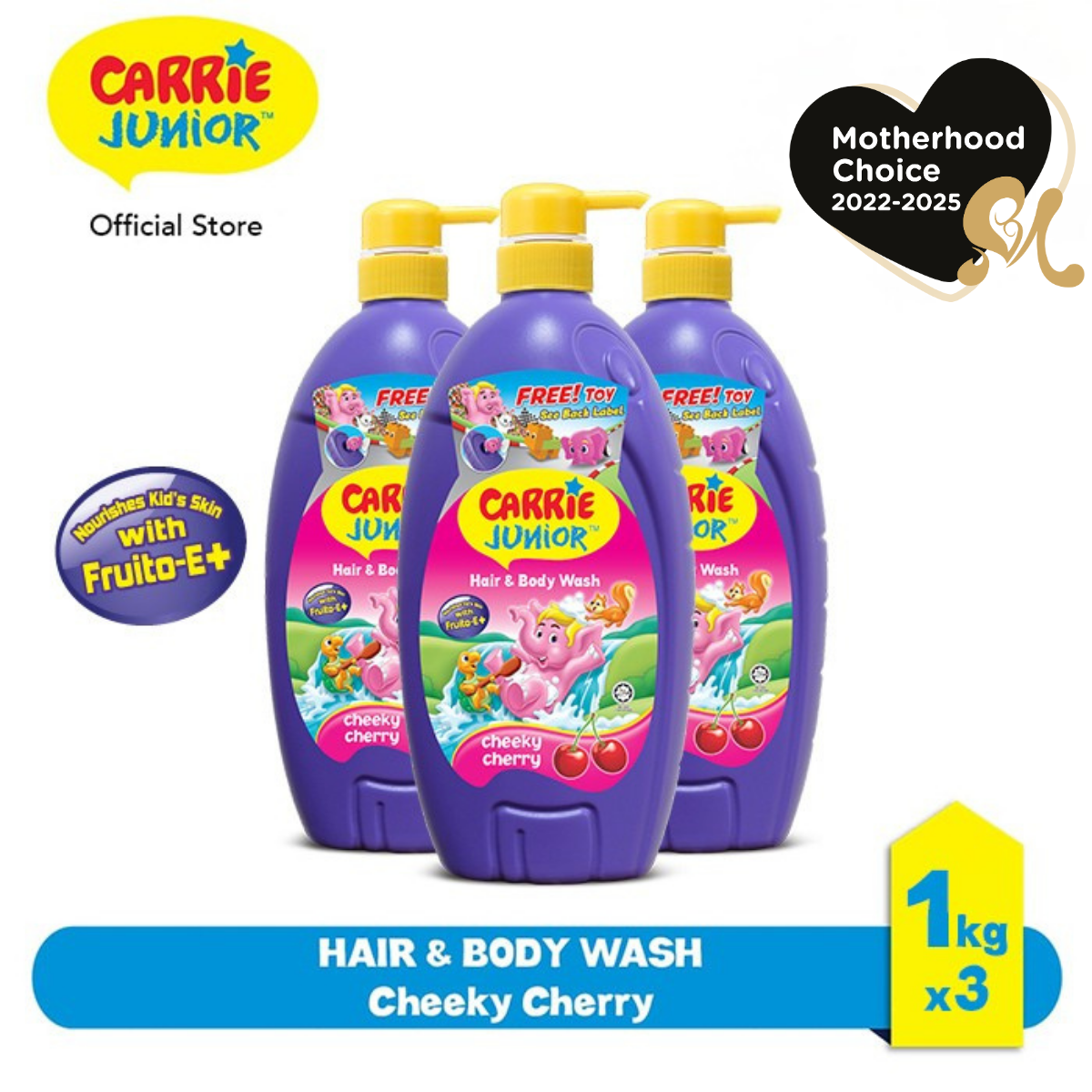 [Bundle of 3] CARRIE JUNIOR Hair & Body Wash - Cheeky Cherry (1000g) [Free Toy] Nourishing & Moisturising Skin