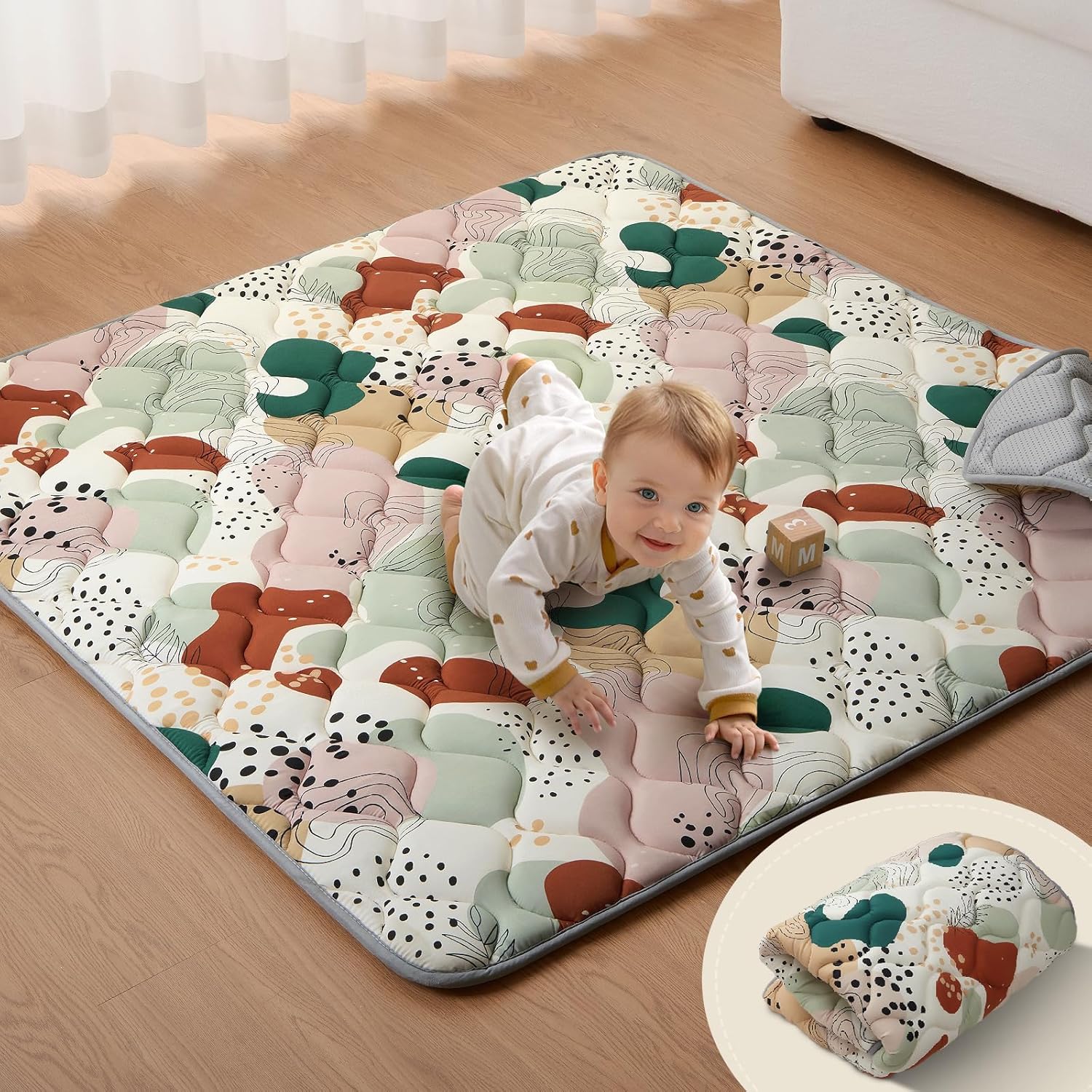 Blissful Diary Baby Play Mats for Floor 50x50 Crawling Mat for Playpen Thicken Soft Padding Foam Playmats for Babies and Toddlers Infants Foldable and Machine Washable Boho Design