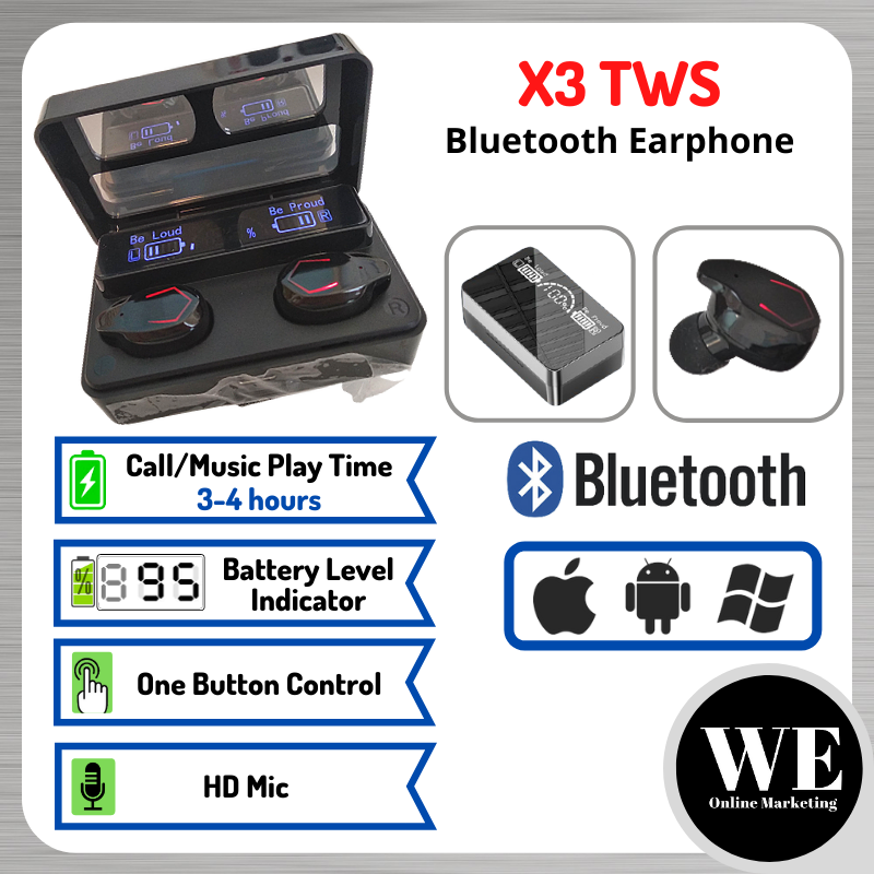 (Ready Stock) X3 TWS Bluetooth Earphone - Twin Wireless Stereo Earbud Earfon Handsfree Headset Earpiece Touch Sensor Control HiFi Sport Super Bass with Mic Waterproof Water Resistant In-Ear Android iOS LED Digital Display